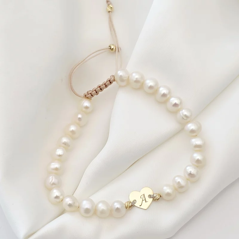 Bratara Perle - Inima personalizata din Aur Galben 14K - Model cu sirag perlat si snur reglabil picture - 3