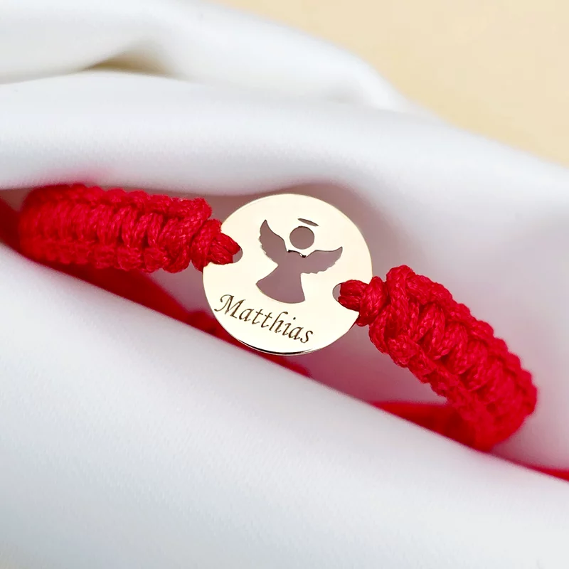 Bratara personalizata - Banut 10 mm - Inger pazitor decupat cu aripi deschise - Aur Galben 9K - Snur impletit reglabil picture - 3