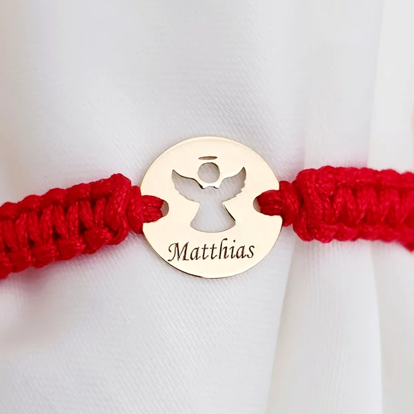 Bratara personalizata - Banut 10 mm - Inger pazitor decupat cu aripi deschise - Aur Galben 9K - Snur impletit reglabil