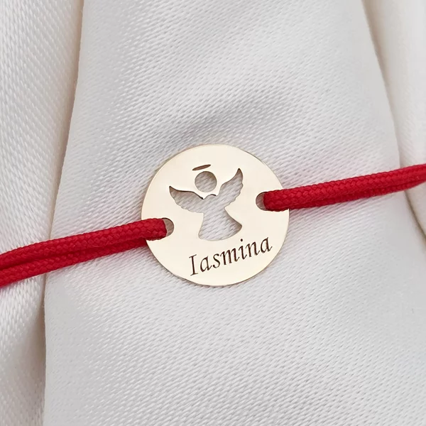 Bratara personalizata - Banut 10 mm - Inger pazitor decupat cu aripi deschise - Aur Galben 9K - Snur reglabil