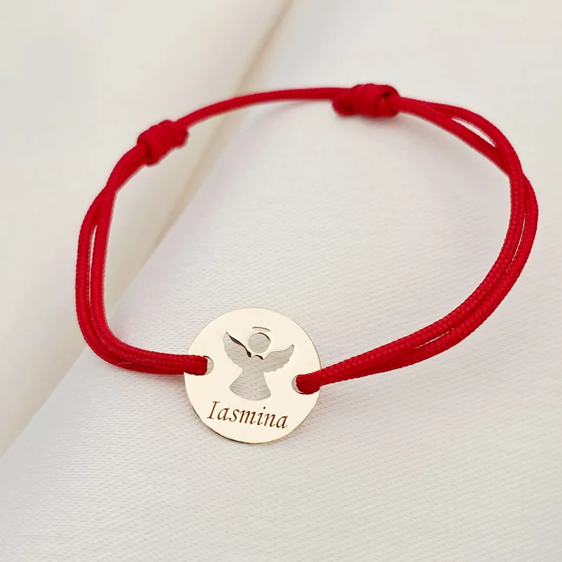 Bratara personalizata - Banut 10 mm - Inger pazitor decupat cu aripi deschise - Aur Galben 9K - Snur reglabil picture - 3