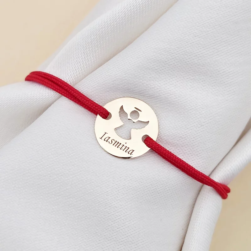 Bratara personalizata - Banut 10 mm - Inger pazitor decupat cu aripi deschise - Aur Galben 9K - Snur reglabil picture - 5