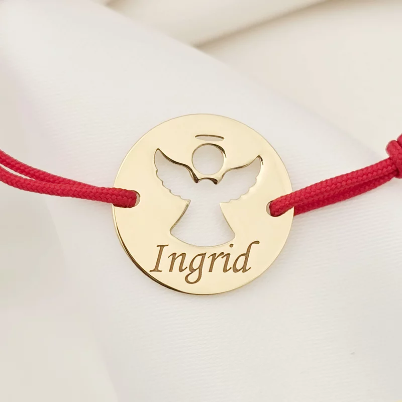 Bratara personalizata - Banut 15 mm - Inger pazitor decupat cu aripi deschise - Argint 925 placat cu Aur Galben 18K - Snur reglabil picture - 1