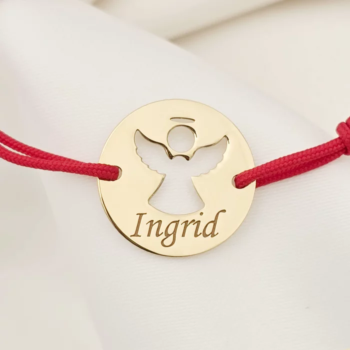 Bratara personalizata - Banut 15 mm - Inger pazitor decupat cu aripi deschise - Argint 925 placat cu Aur Galben 18K - Snur reglabil