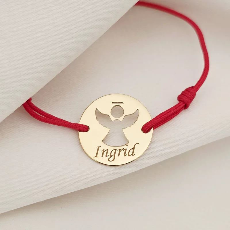 Bratara personalizata - Banut 15 mm - Inger pazitor decupat cu aripi deschise - Argint 925 placat cu Aur Galben 18K - Snur reglabil picture - 3