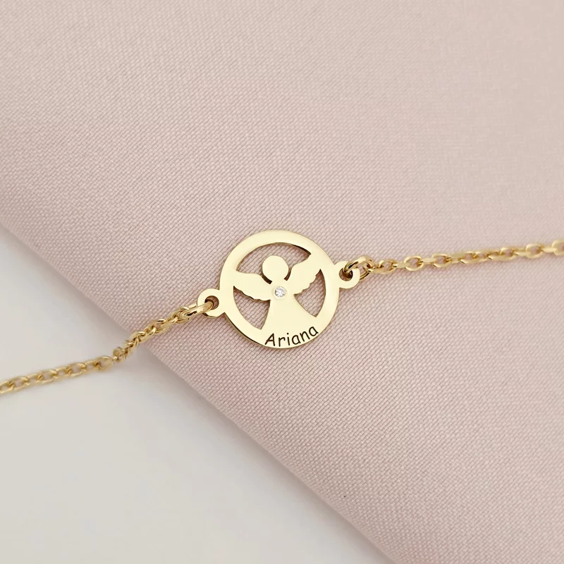 Brățară personalizată cu disc si înger decupat, nume personalizat și Diamant natural – Argint 925 placat cu Aur Galben 18K - Cu lantisor fata/baiat picture - 2