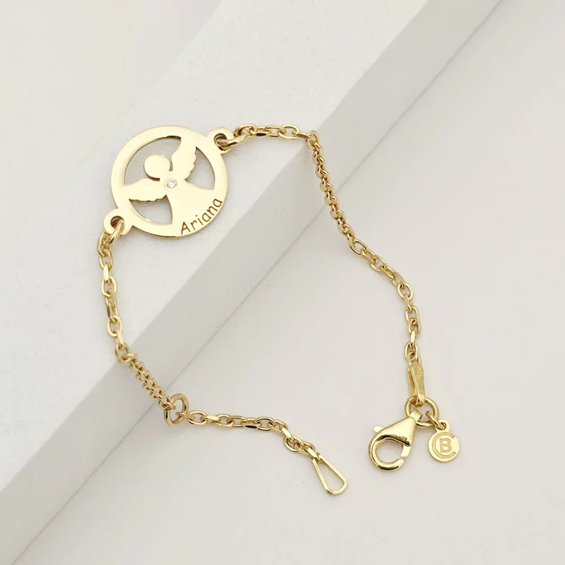 Brățară personalizată cu disc si înger decupat, nume personalizat și Diamant natural – Argint 925 placat cu Aur Galben 18K - Cu lantisor fata/baiat picture - 3