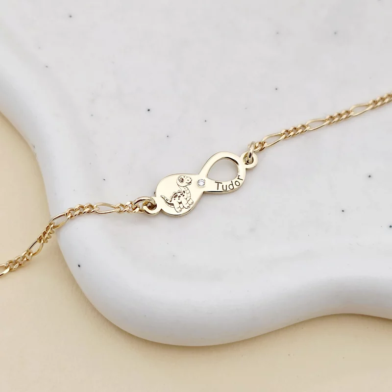 Brățară personalizata cu simbolul infinitului,dinozaur și nume – Diamant natural - Argint 925 placat cu Aur Galben 18K - Cu lantisor fata/baiat picture - 3