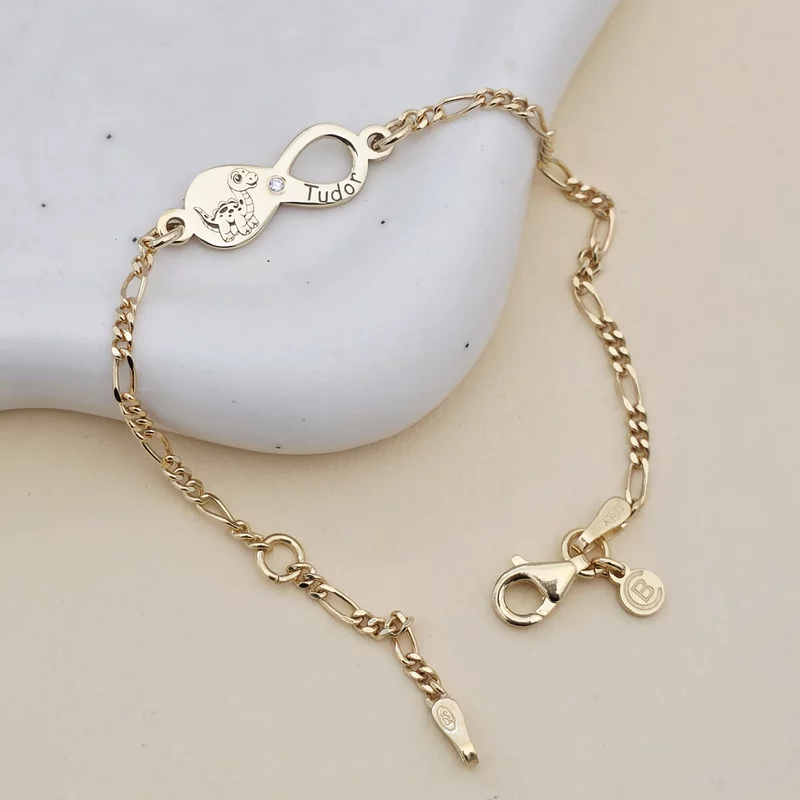 Brățară personalizata cu simbolul infinitului,dinozaur și nume – Diamant natural - Argint 925 placat cu Aur Galben 18K - Cu lantisor fata/baiat picture - 4