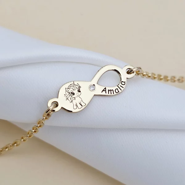 Brățară personalizata cu simbolul infinitului, unicorn și nume – Diamant natural - Argint 925 placat cu Aur Galben 18K  Cu lantisor fata/baiat