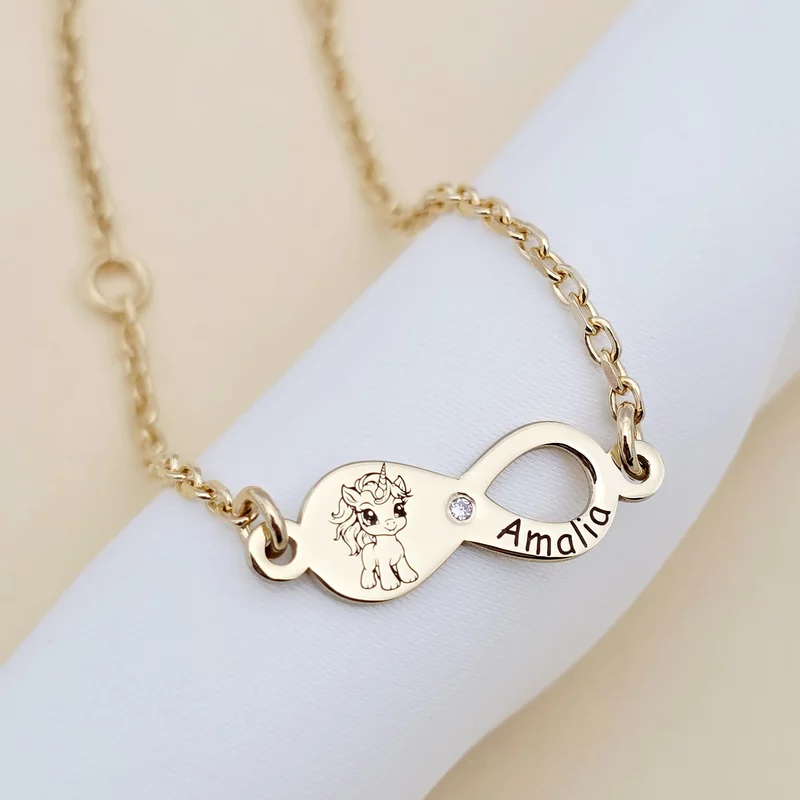 Brățară personalizata cu simbolul infinitului, unicorn și nume – Diamant natural - Argint 925 placat cu Aur Galben 18K  Cu lantisor fata/baiat picture - 3