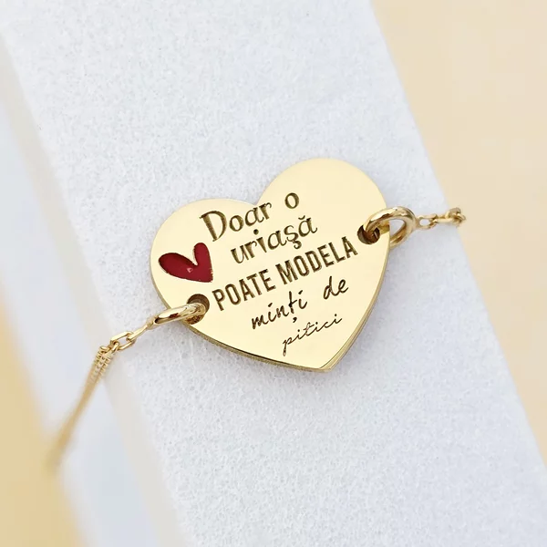 Bratara personalizata - Educatoare/Invatatoare - Inima decorata cu email - Argint 925  placat cu Aur Galben 18K - cu lantisor