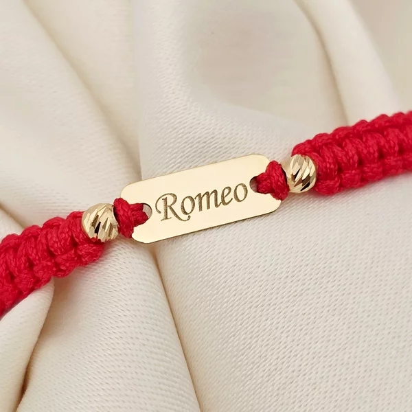 Bratara personalizata - Placuta cu nume si cu 2 bilute de 3 mm  - Aur Galben 14k - Snur reglabil impletit diverse culori