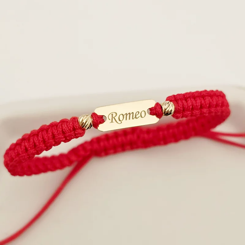 Bratara personalizata - Placuta cu nume si cu 2 bilute de 3 mm  - Aur Galben 14k - Snur reglabil impletit diverse culori picture - 4