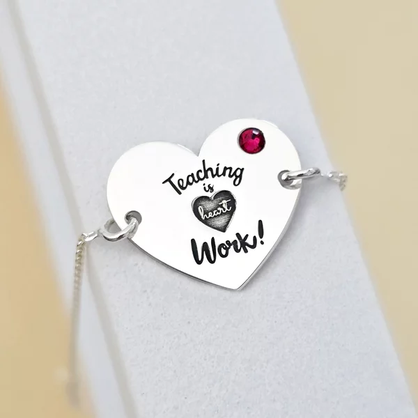Bratara personalizata Argint 925 - cu lantisor si Cristal Swarovski - Teaching is heart work - Inimioara