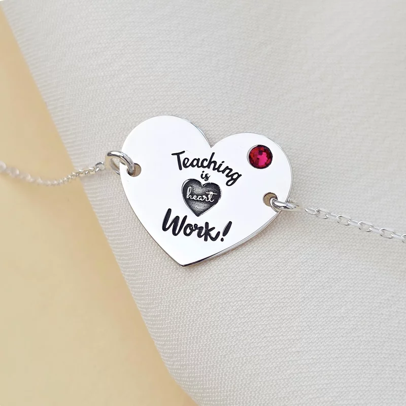 Bratara personalizata Argint 925 - cu lantisor si Cristal Swarovski - Teaching is heart work - Inimioara picture - 4