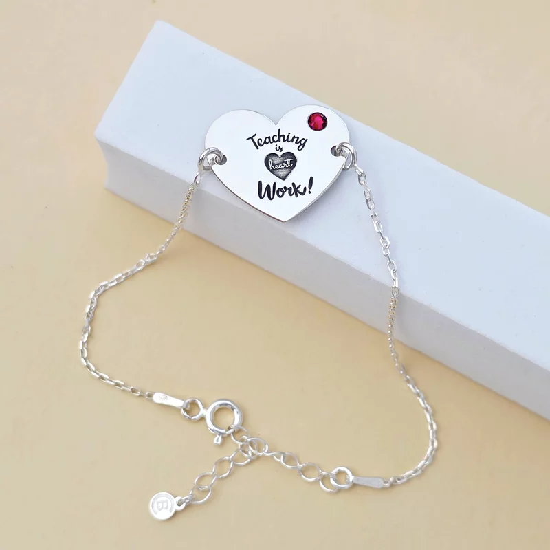 Bratara personalizata Argint 925 - cu lantisor si Cristal Swarovski - Teaching is heart work - Inimioara picture - 3