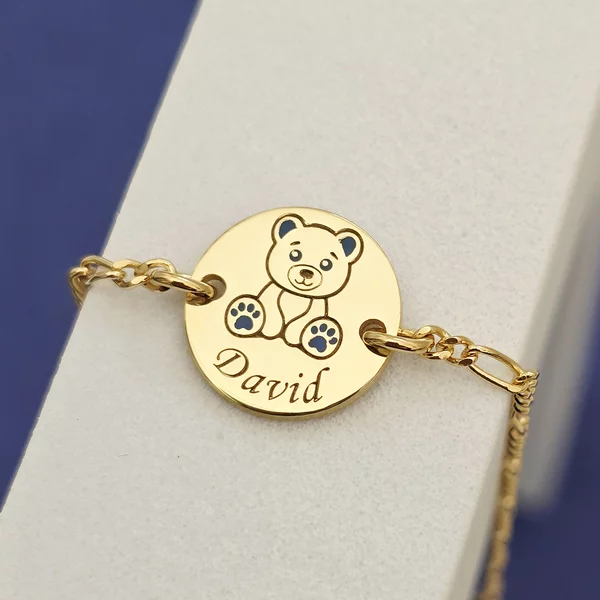 Bratara personalizata - Ursulet cu email albastru  - 12 mm - Argint 925 placat cu Aur Galben 18K - Cu lantisor fata/baiat