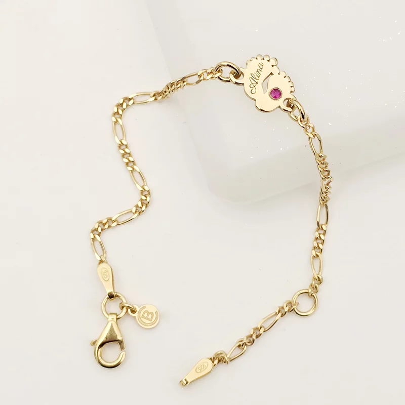 Bratara picioruse - personalizate cu nume si Piatra pretioasa - Argint 925 placat cu Aur Galben 18K - Cu lantisor fata/baiat picture - 4
