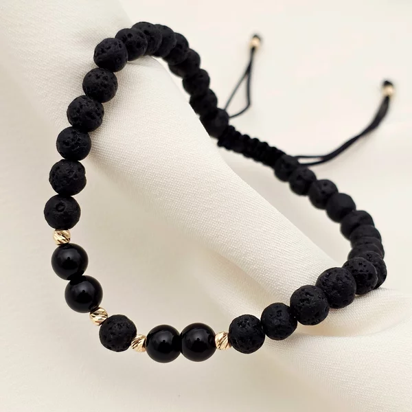 Bratara pietre semipretioase - Lava cu 4 Onix si 6 bilute de 3 mm din Aur 14K - Snur negru rezistent si reglabil