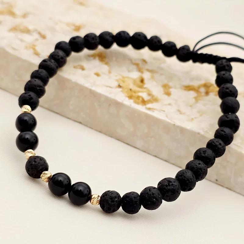 Bratara pietre semipretioase - Lava cu 4 Onix si 6 bilute de 3 mm din Aur 14K - Snur negru rezistent si reglabil picture - 3