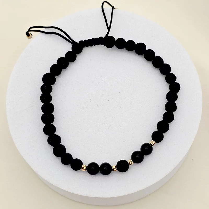 Bratara pietre semipretioase - Lava cu 4 Onix si 6 bilute de 3 mm din Aur 14K - Snur negru rezistent si reglabil picture - 4