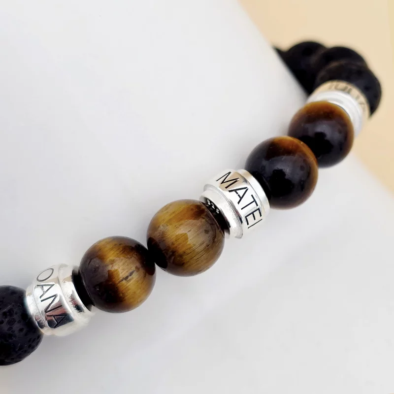 Bratara pietre semipretioase Lava si Ochi de tigru de 8 mm - trei cilindrii din Argint 925 - Snur negru picture - 3