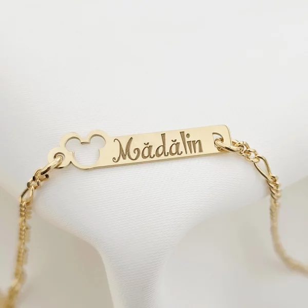 Bratara placuta - Forma soricel gravat cu nume personalizat - Argint 925 placat cu Aur Galben 18K - Cu lantisor fata/baiat