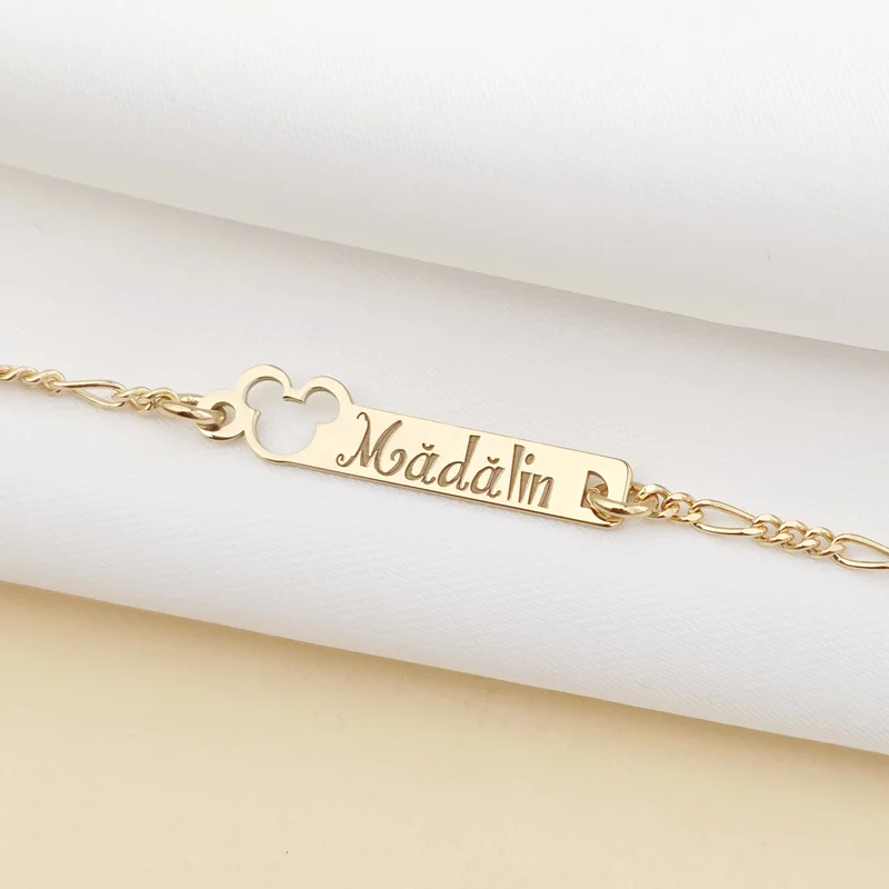 Bratara placuta - Forma soricel gravat cu nume personalizat - Argint 925 placat cu Aur Galben 18K - Cu lantisor fata/baiat picture - 3