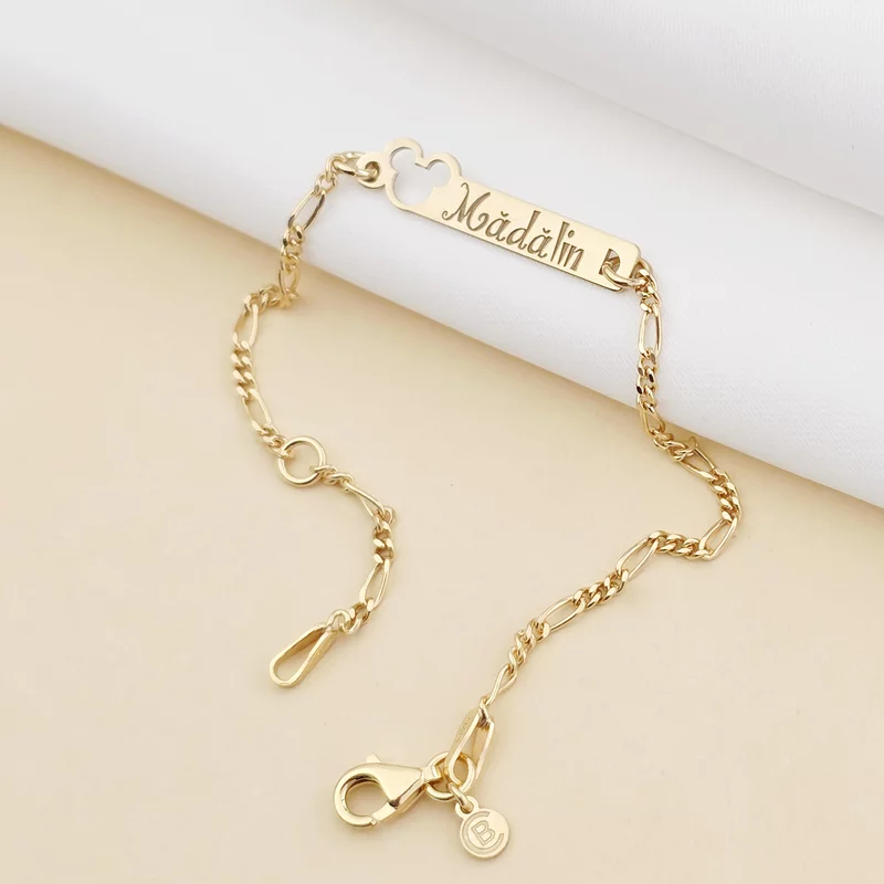 Bratara placuta - Forma soricel gravat cu nume personalizat - Argint 925 placat cu Aur Galben 18K - Cu lantisor fata/baiat picture - 4