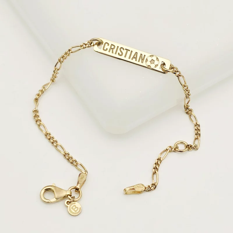 Bratara placuta si minge de fotbal - nume personalizat - Argint 925 placat cu Aur Galben 18K - Cu lantisor fata/baiat picture - 4