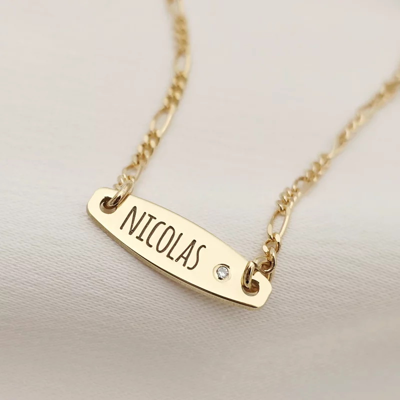 Brățară placuta personalizata cu nume de baiat – Diamant natural - Argint 925 placat cu Aur Galben 18K - Cu lantisor fata/baiat picture - 2