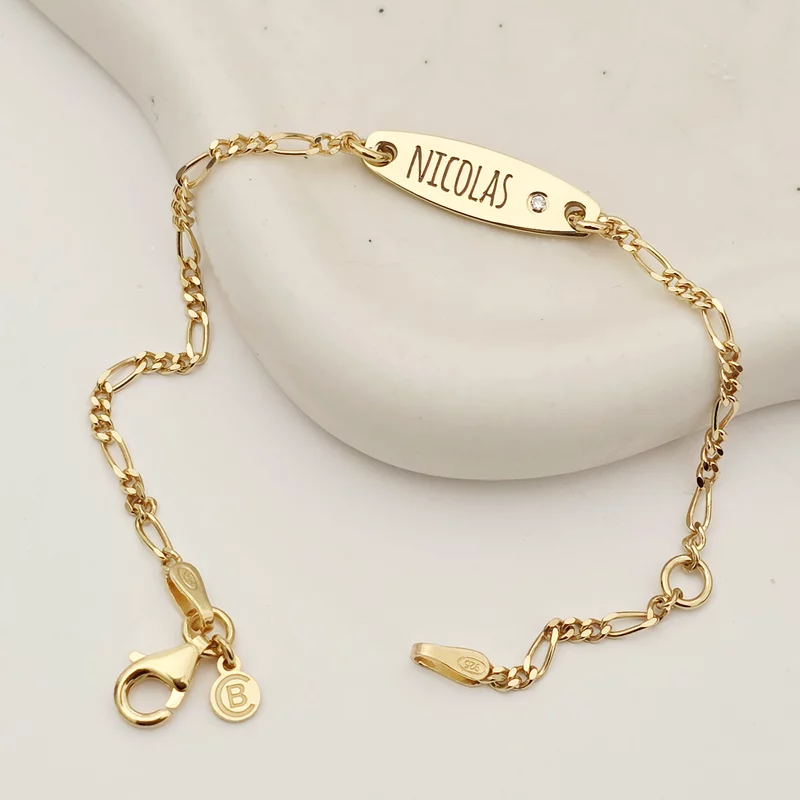 Brățară placuta personalizata cu nume de baiat – Diamant natural - Argint 925 placat cu Aur Galben 18K - Cu lantisor fata/baiat picture - 4