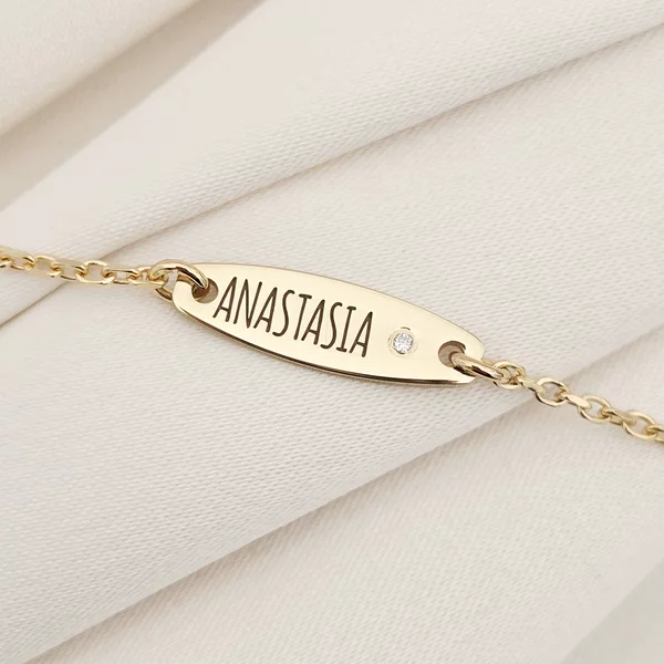 Brățară placuta personalizata cu nume de fetita – Diamant natural - Argint 925 placat cu Aur Galben 18K- Cu lantisor fata/baiat