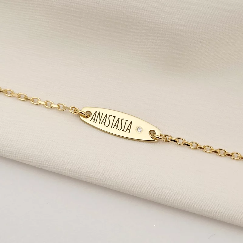 Brățară placuta personalizata cu nume de fetita – Diamant natural - Argint 925 placat cu Aur Galben 18K- Cu lantisor fata/baiat picture - 3