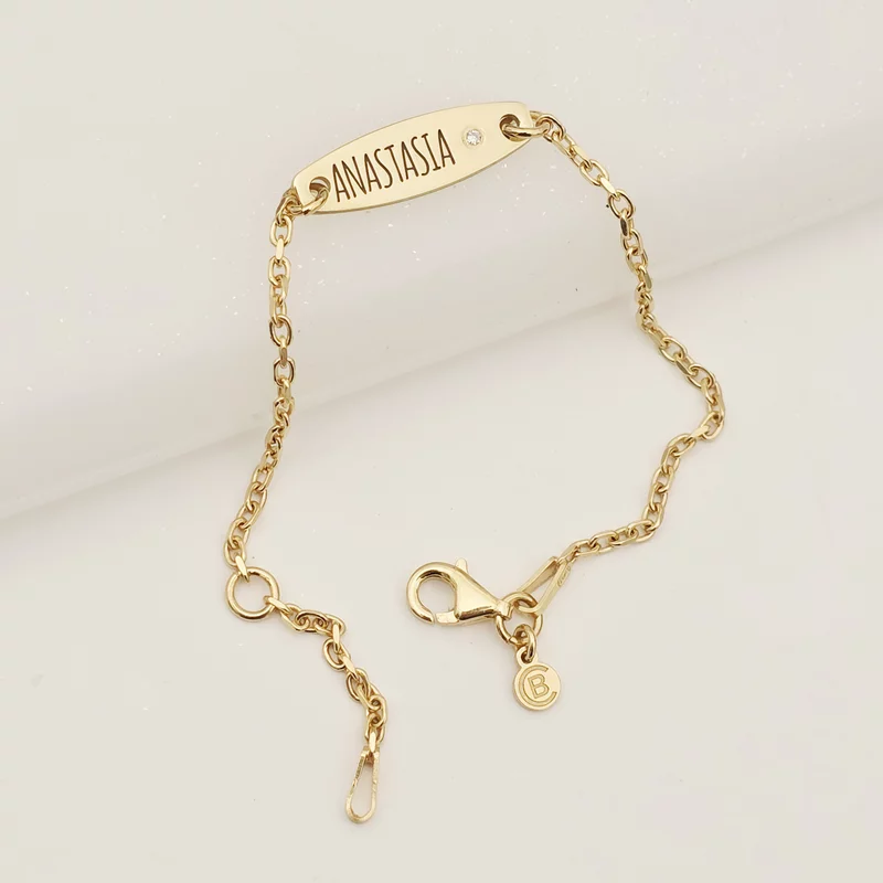 Brățară placuta personalizata cu nume de fetita – Diamant natural - Argint 925 placat cu Aur Galben 18K- Cu lantisor fata/baiat picture - 5