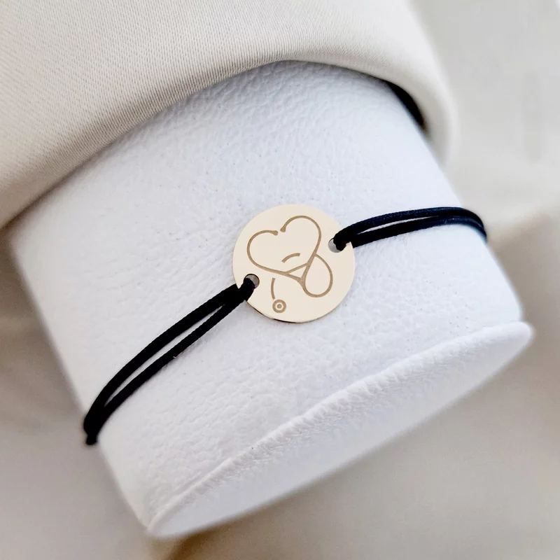 Bratara Stetoscop sub forma unei inimi - Banut 12 mm - Aur Galben 9K - Snur reglabil, diverse culori picture - 3