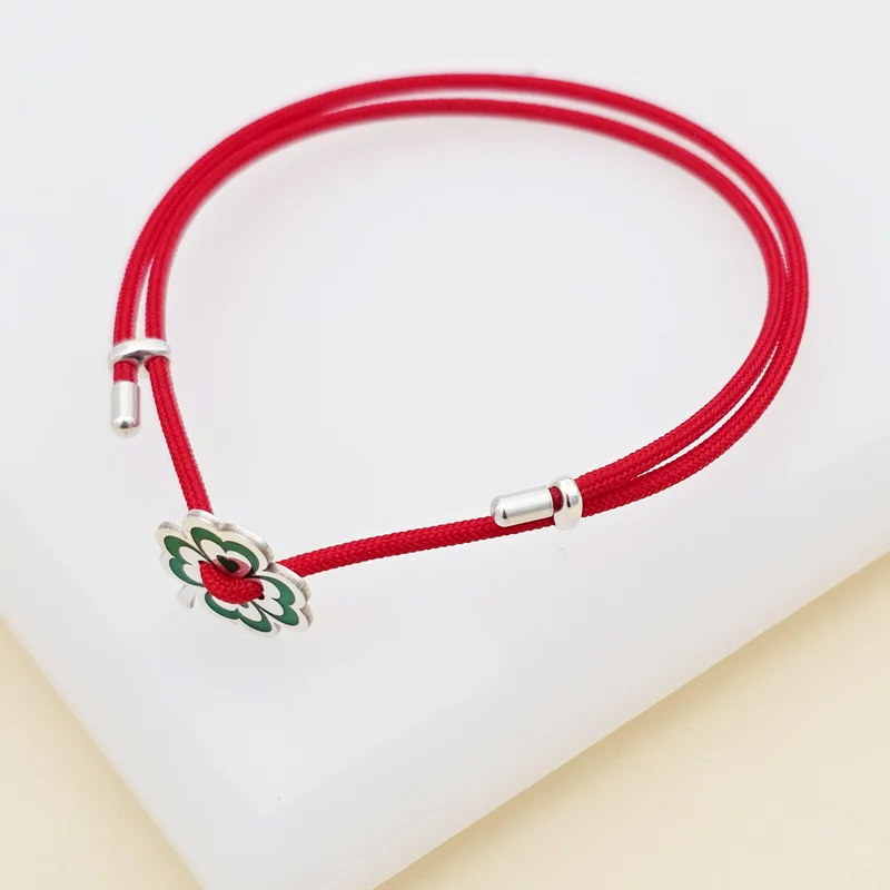 Brățara Trifoi cu patru foi si email verde - Șnur rosu Gros - Argint 925 picture - 2