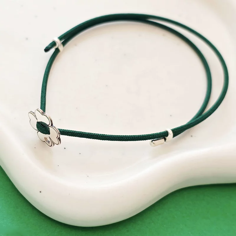 Brățara Trifoi cu patru foi si inima decupata - Șnur verde Gros  - Argint 925 picture - 2