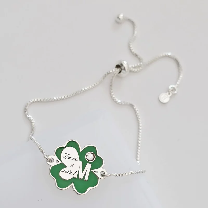 Brățara Trifoi cu Zambete – Initiala personalizata - Pandantiv si lant glisant din Argint 925 - Email verde & Cristal Swarovski picture - 2