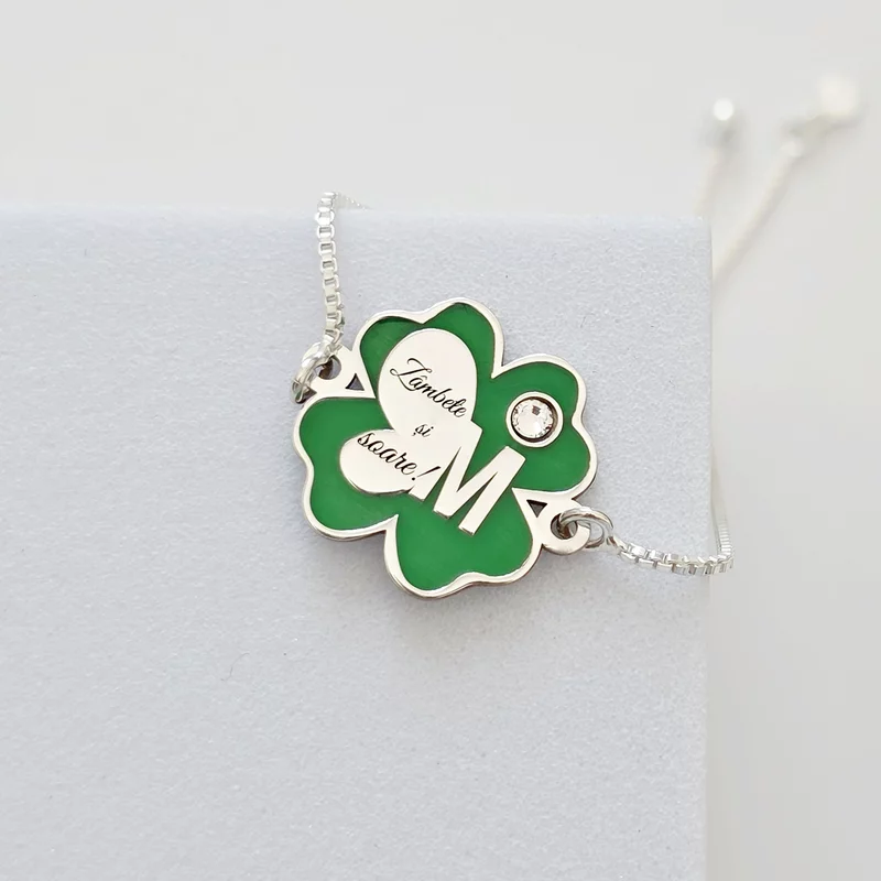 Brățara Trifoi cu Zambete – Initiala personalizata - Pandantiv si lant glisant din Argint 925 - Email verde & Cristal Swarovski picture - 3