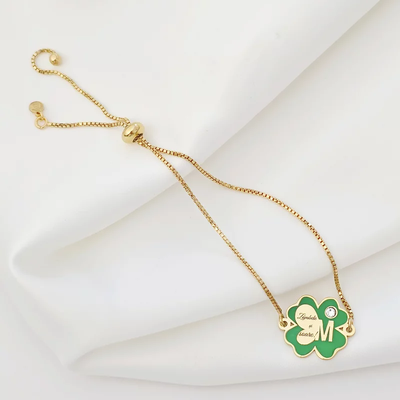 Brățara Trifoi cu Zambete – Initiala personalizata - Pandantiv si lant glisant din Argint 925 placat cu Aur Galben 18K - Email verde & Cristal Swarovski picture - 4