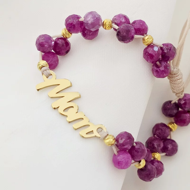 Bratara Vitalitate - Legatura materna - Mom, charm fluture si bilute din Argint 925 placat cu Aur Galben 18k  - Pietre semipretioase Rubin fatetat - Snur nude picture - 3