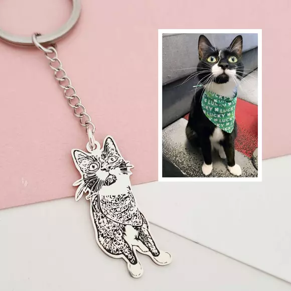 Breloc pisica iubita - Personalizare cu poza - Argint 925 - Inel otel inoxidabil