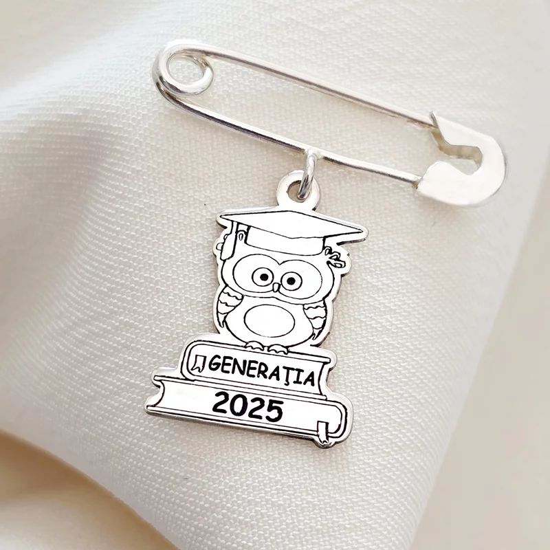 Brosa Ac de Siguranță Bufniță cu Toca și Cărți - Argint 925 picture - 3