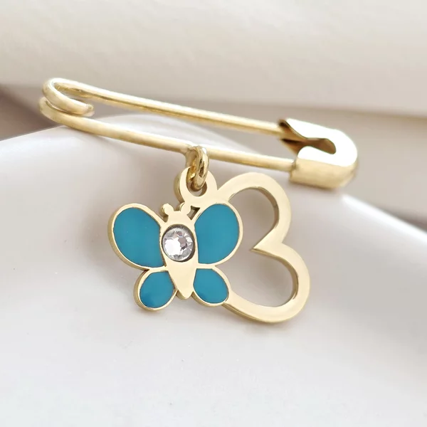 Brosa Ac de siguranta - Fluture in zbor de culoare –  Argint 925 placat cu Aur Galben 18K - Email turcoaz & Cristal Swarovski