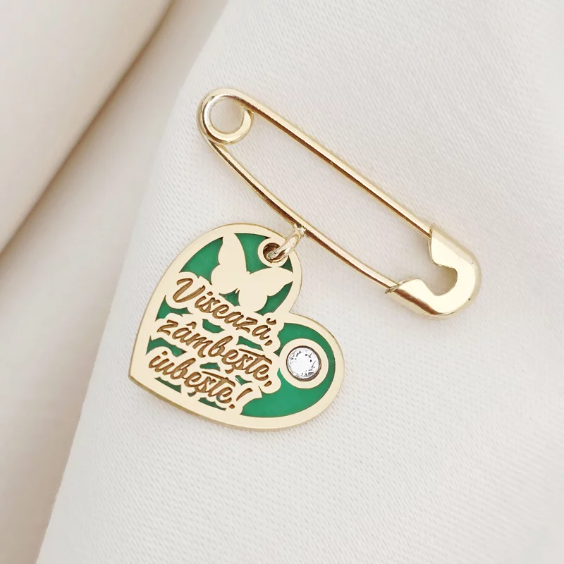 Brosa Ac de siguranta - Inima cu Zambete – Text personalizat - Argint 925 placat cu Aur Galben 18K - Email verde & Cristal Swarovski picture - 2