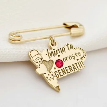 Brosa Ac de siguranta - Pandantiv Educatoare/Invatatoare – Argint 925 placat cu Aur Galben 18K - Cristal Swarovski