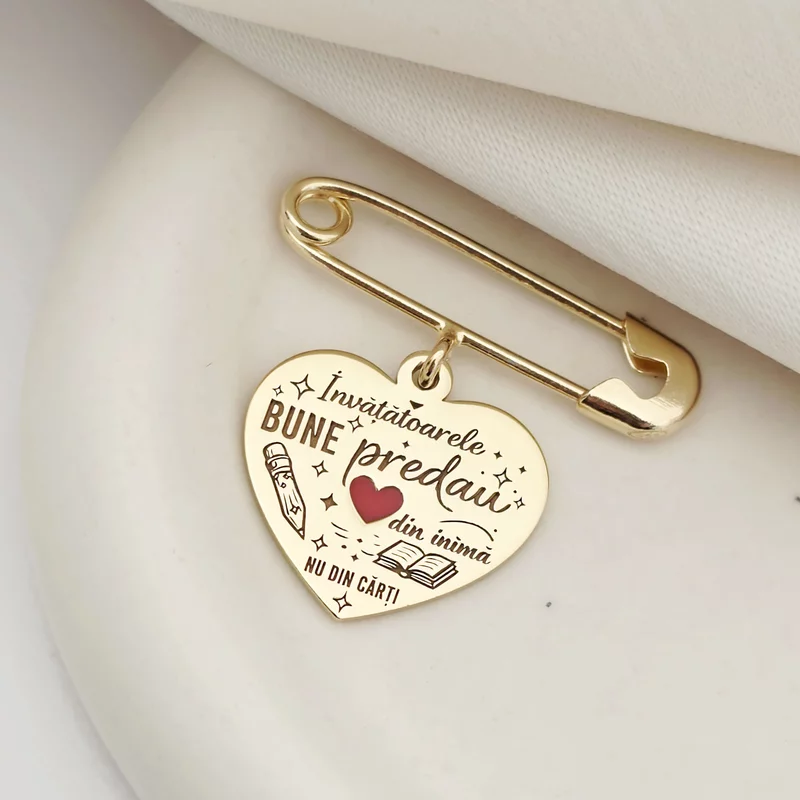 Brosa Ac de siguranta - Pandantiv inima  Invatatoare - email rosu -  Argint 925 placat cu Aur Galben 18K picture - 3