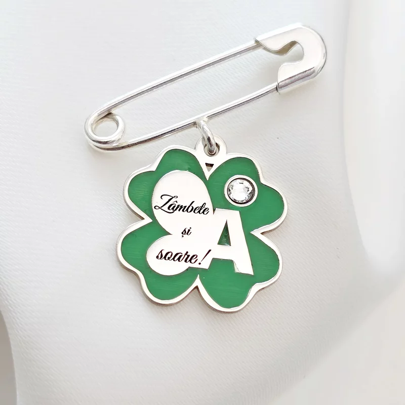 Brosa Ac de siguranta - Trifoi cu Zambete – Initiala personalizata - Argint 925 - Email verde & Cristal Swarovski picture - 4